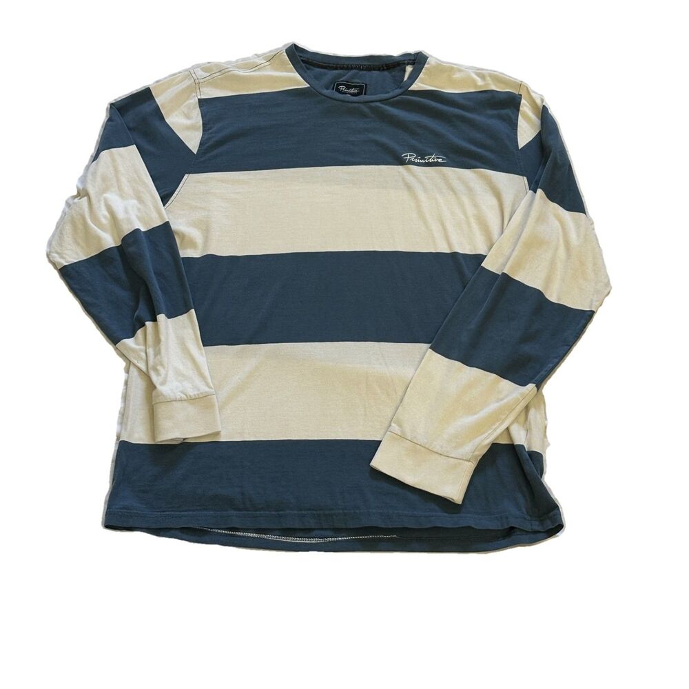 Primitive Skateboarding Striped Long Sleeve Tee - Navy/Beige - Y2K - Large